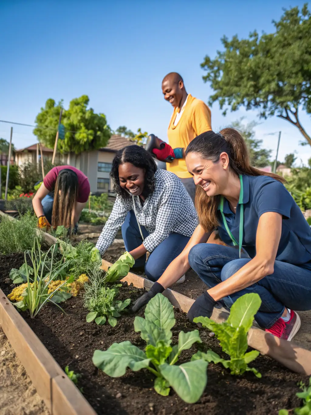 A group of volunteers working together in a garden, weeding and tending to plants, demonstrating teamwork and community spirit at LagoVista.