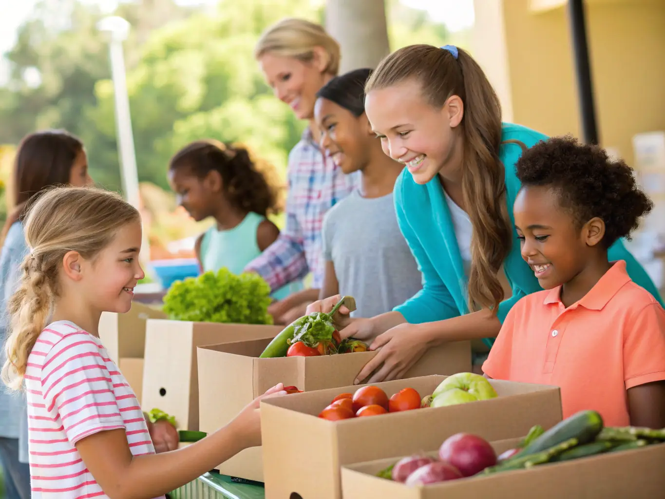 A heartwarming image of community garden participants donating a basket of freshly harvested vegetables to a local food bank, highlighting the impact of their contributions.