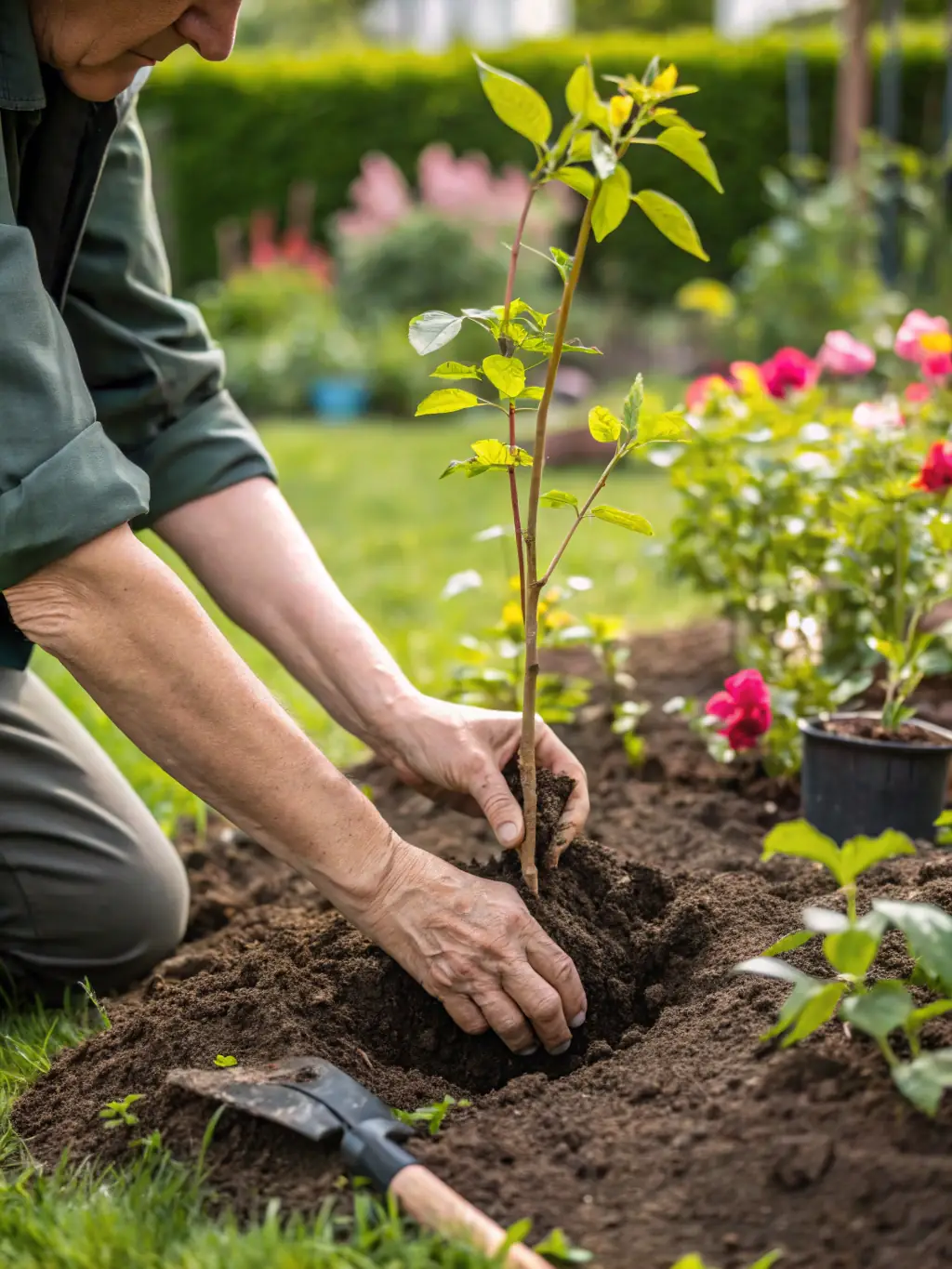 A close-up shot of hands planting seedlings in a garden bed, showcasing the act of planting with care and precision in LagoVista's community garden.