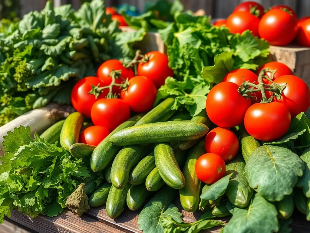 A close-up shot of freshly harvested organic vegetables from the LagoVista community garden, showcasing the variety and abundance of produce grown by the participants.