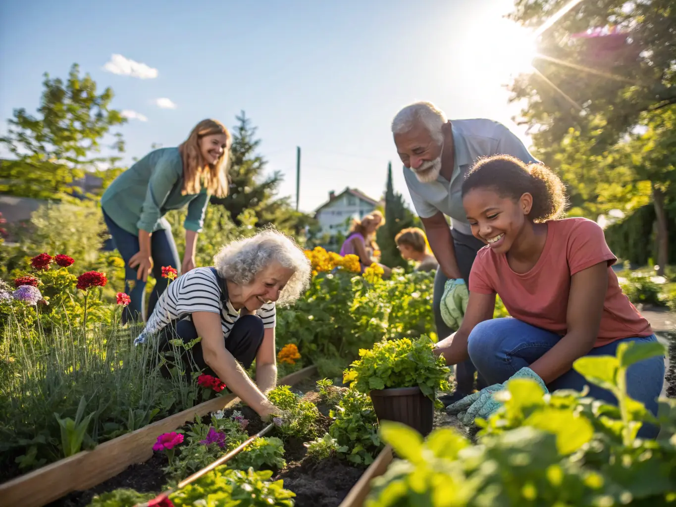 A vibrant image of community members working together in the LagoVista community garden, tending to rows of healthy vegetable plants under a sunny sky. The focus is on collaboration and shared effort.