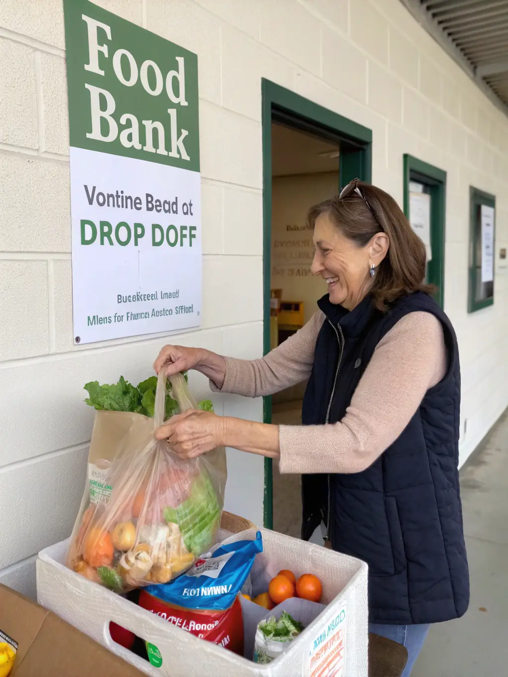 A person donating fresh produce to a local food bank, highlighting the act of giving back to the community through LagoVista's initiative.